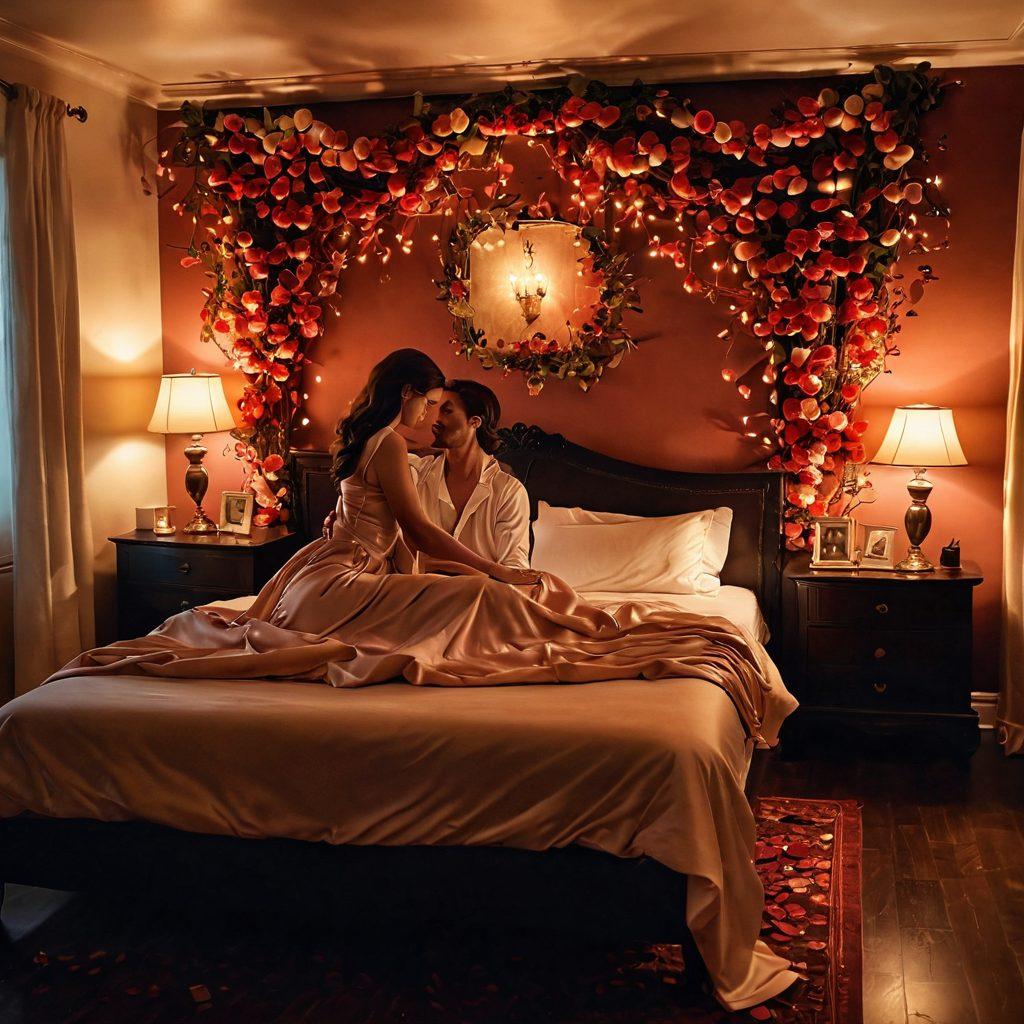 An enchanting bedroom setting illuminated by soft candlelight, featuring a couple entwined in an intimate dance, surrounded by rose petals and silk sheets. An old-fashioned film projector casting romantic scenes on the wall, conveying a sense of nostalgia and deep connection. Warm colors create a cozy atmosphere, inviting viewers to explore the beauty of passion and sensuality. elegant. super-realistic. rich warm tones.