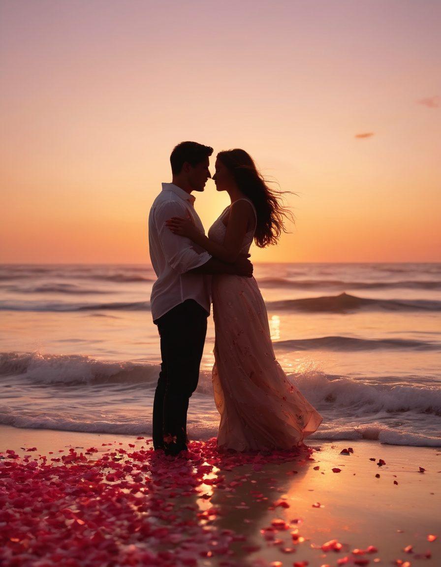 A romantic sunset backdrop with two silhouettes embracing, surrounded by delicate rose petals flowing in the wind. Soft, warm colors illuminating their connection, hinting at passion and intimacy. The scene captures the essence of love with gentle waves lapping at the shore. A dreamy atmosphere conveying deep emotions and relationships. super-realistic. vibrant colors. soft focus.