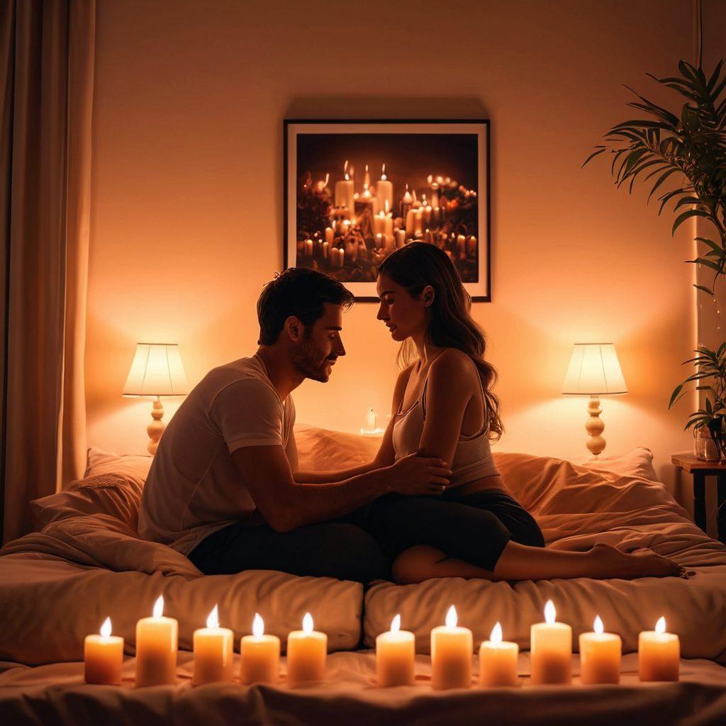 A cozy, intimate room with soft lighting, featuring a couple sharing a moment of connection while watching erotic videos on a laptop. The scene highlights their emotional expressions, with a focus on warmth and intimacy, surrounded by romantic decorations like candles and cushions. Suggest both desire and deep connection in their body language. super-realistic. warm colors. cozy atmosphere.